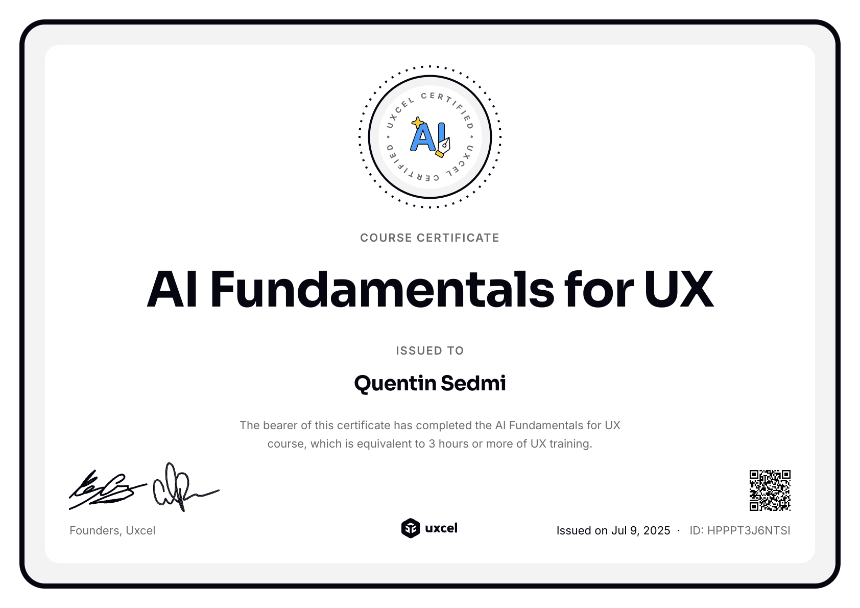 Quentin Sedmi's certificate